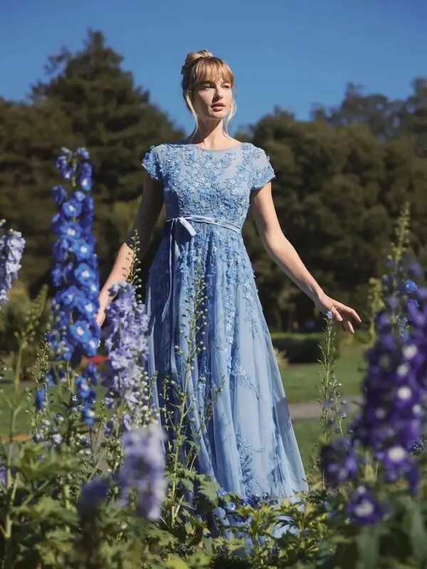 Mac Duggal Blue Floral Embellished Cap Sleeve Gown